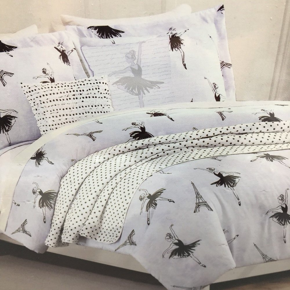 5pc Nicole Miller Ballerina TWIN Comforter Set Lavender Paris Eiffel Tower Black